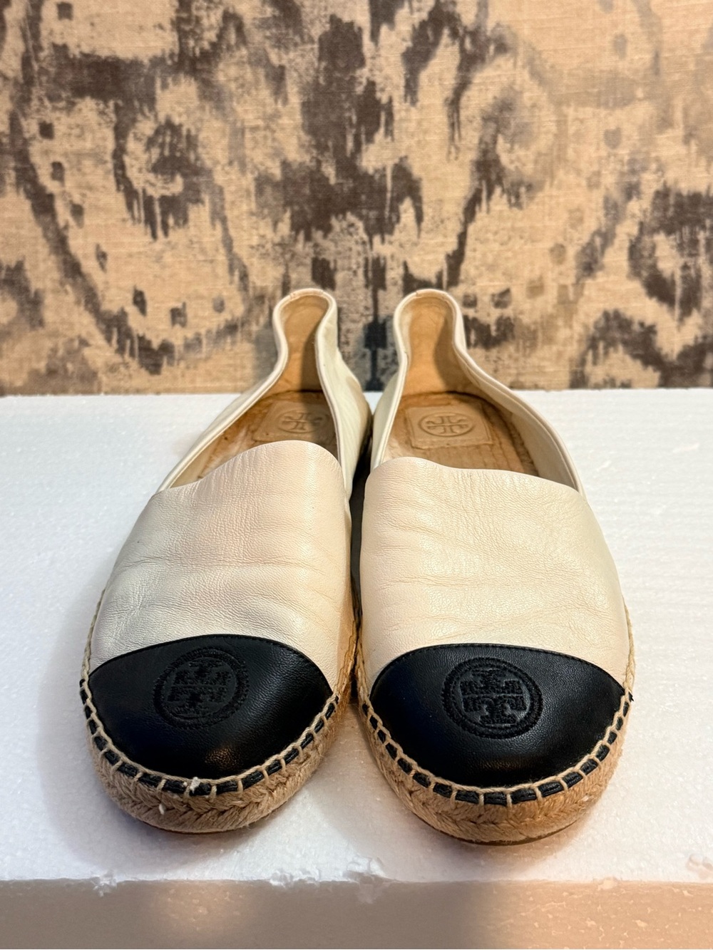 Tory Burch Ivory Leather Espadrille with Black Toe Cap